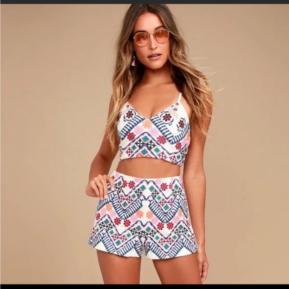 Lulus rhythm is going to get you embroidered shorts and tank in white - Picture 1 of 13
